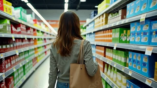 A woman, rear view, with a paper shopping bag, walks between the shelves in the store