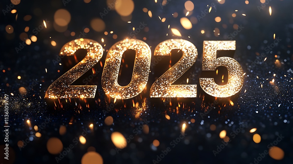 Golden 2025 Happy New Year with sparkling lights and glitter on a dark background. Golden 2025 Happy New Year with sparkling lights and glitter on a dark background.
