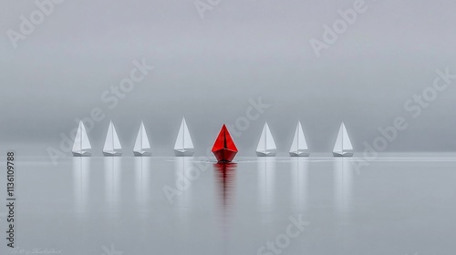 Red sailboat leads a fleet of white sailboats in foggy water.