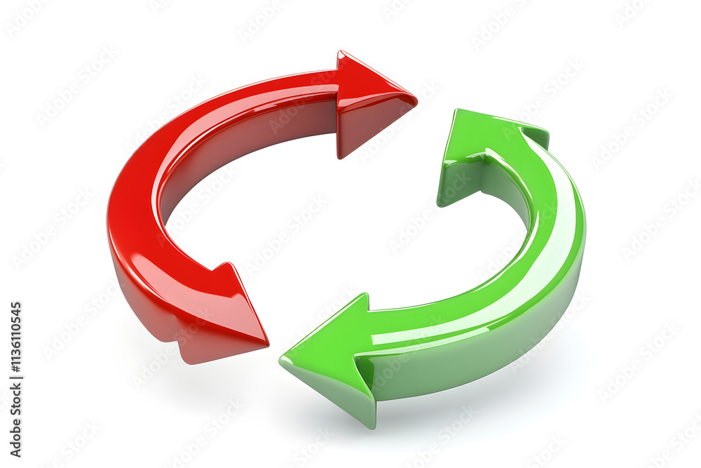 3D red and green circular arrows representing reload, refresh, sync, and rotation processes; ideal for business, technology, updates, data cycles, and modern design visuals 3D red and green circular arrows representing reload, refresh, sync, and rotation processes; ideal for business, technology, updates, data cycles, and modern design visuals