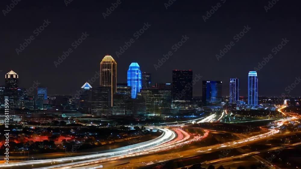 Dallas Skyline at Night Time-lapse. a time-lapse of the Dallas, Texas skyline at night with traffic light streaks on the highway and buildings in the background Dallas Skyline at Night Time-lapse. a time-lapse of the Dallas, Texas skyline at night with traffic light streaks on the highway and buildings in the background