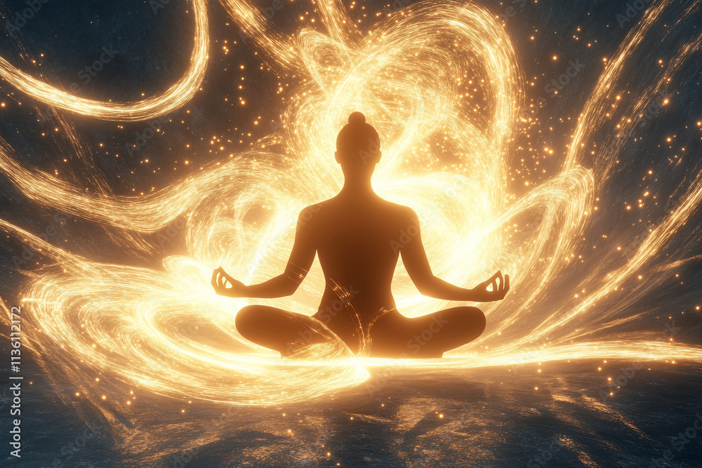 Meditating silhouette surrounded by golden swirls of light Meditating silhouette surrounded by golden swirls of light