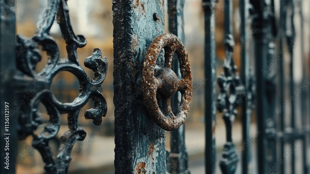 A zoomed-in shot of a rust-covered gate wheel, with the texture of the aged iron gate visible in the background A zoomed-in shot of a rust-covered gate wheel, with the texture of the aged iron gate visible in the background
