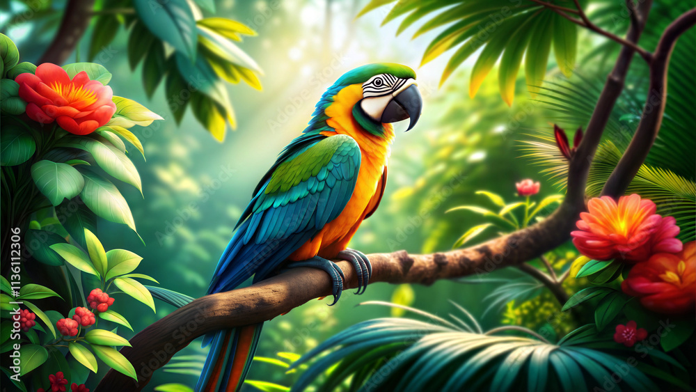 Fototapeta premium Macaw (Ara). Large colorful parrots with long tails and strong beaks. Known for vibrant feathers in red, blue, green, and yellow. Native to Central and South American rainforests.