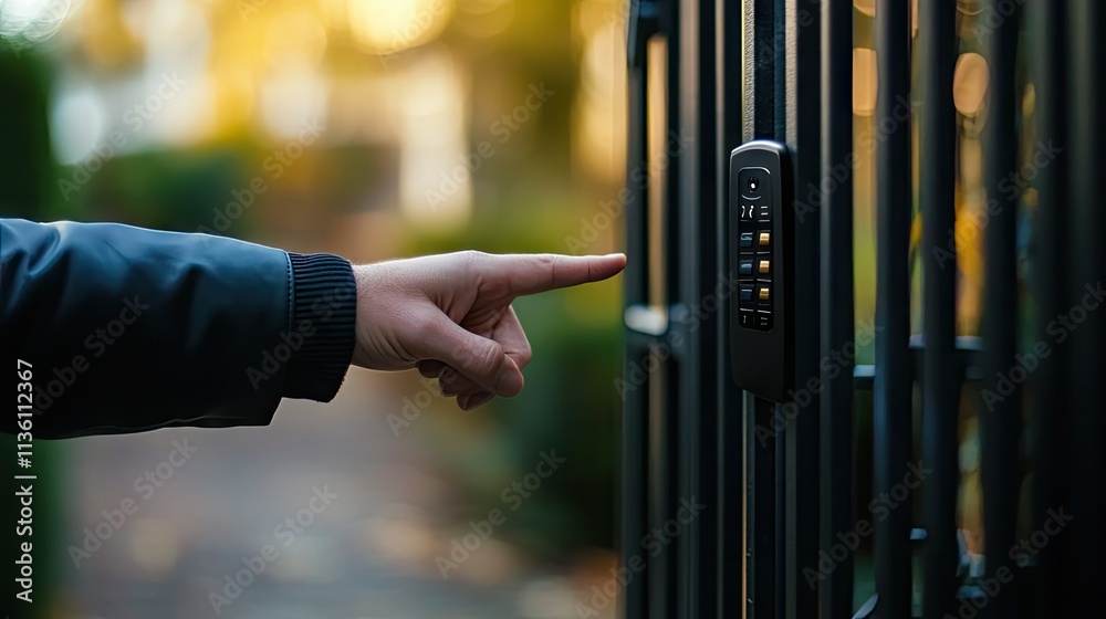 Close-up of a hand with a remote, pointing toward an automatic gate as it swings open smoothly