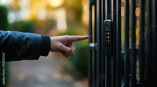 Close-up of a hand with a remote, pointing toward an automatic gate as it swings open smoothly photo