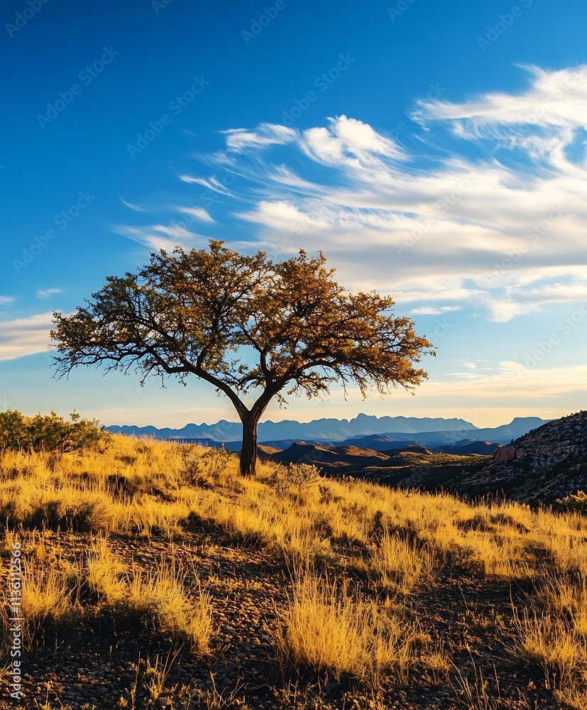 Fototapeta premium Stunning Lone Tree in Sunlit Desert Landscape with Blue Sky and Clouds : Generative AI