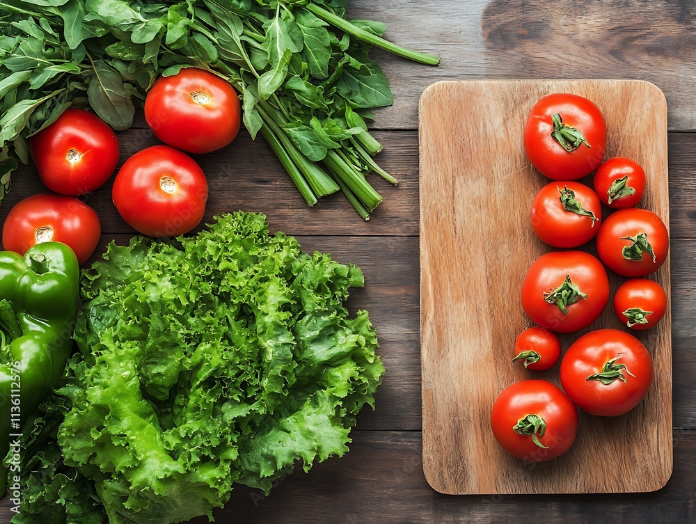 Abundance of Fresh Organic Vegetables Including Tomatoes and Greens on Rustic Wooden Table : Generative AI Abundance of Fresh Organic Vegetables Including Tomatoes and Greens on Rustic Wooden Table : Generative AI