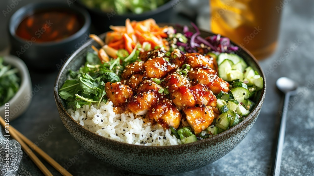 Korean spicy chicken served in a deep bowl with extra sauce drizzling down the sides, paired with a glass of iced tea Korean spicy chicken served in a deep bowl with extra sauce drizzling down the sides, paired with a glass of iced tea