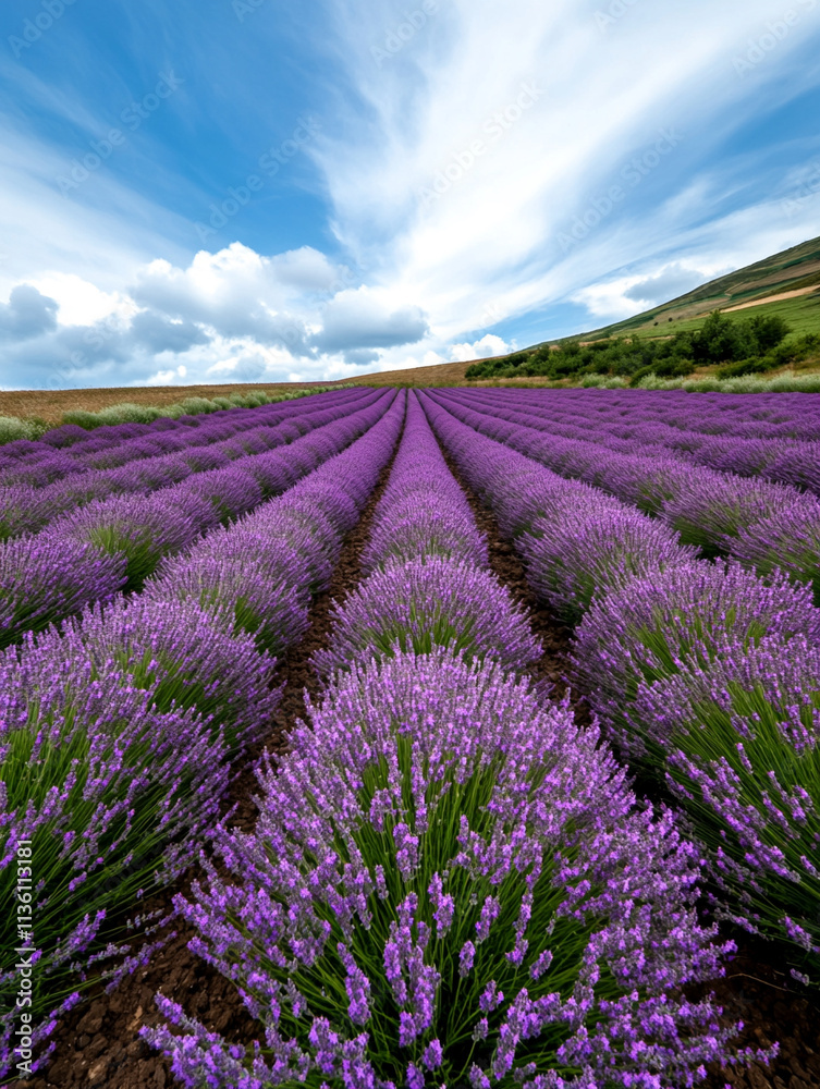 Obraz premium Vibrant lavender field under a dramatic sky