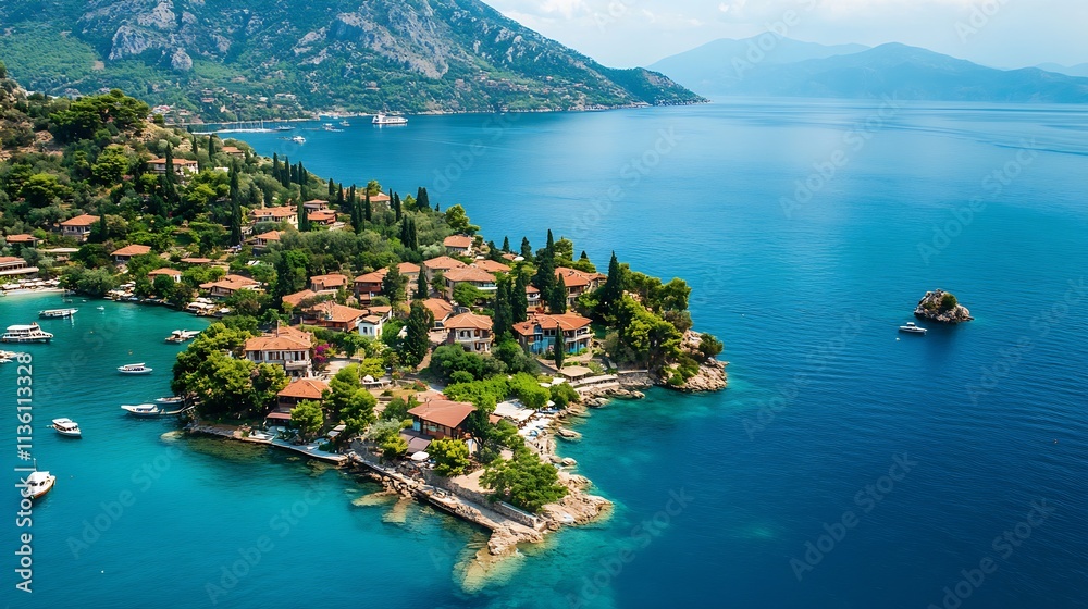 Obraz premium Charming Mediterranean Coastal Town Surrounded by Blue Sea and Rocky Mountains : Generative AI