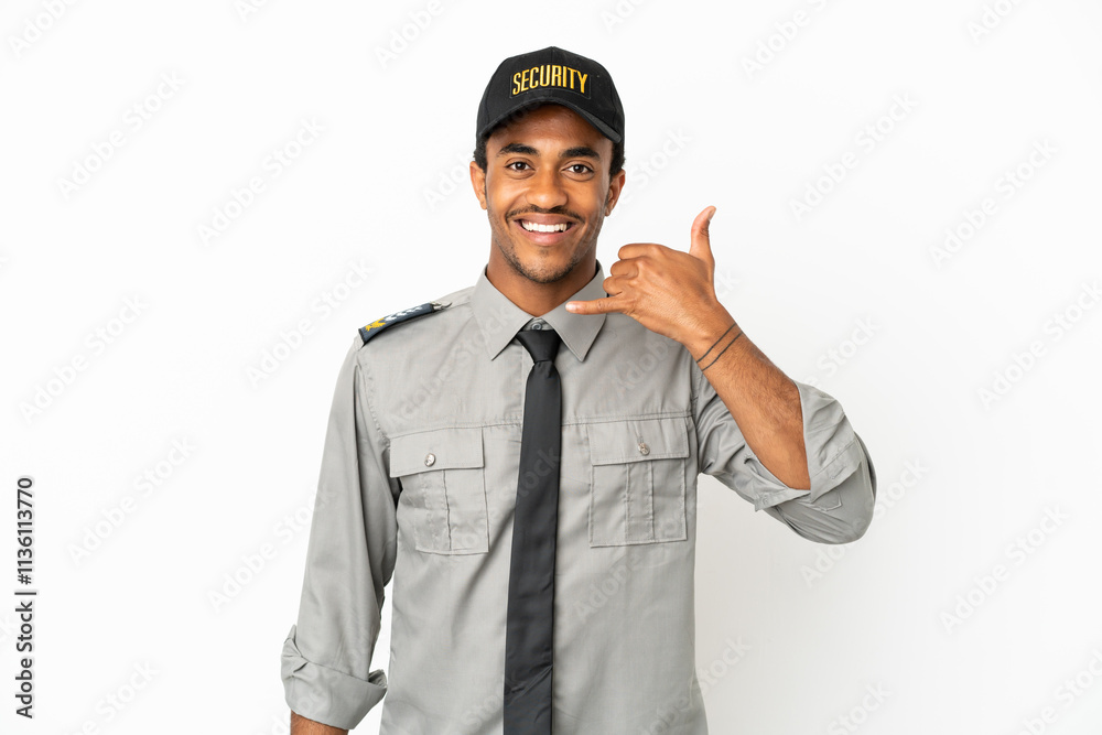 African American safeguard over isolated white background making phone gesture. Call me back sign African American safeguard over isolated white background making phone gesture. Call me back sign