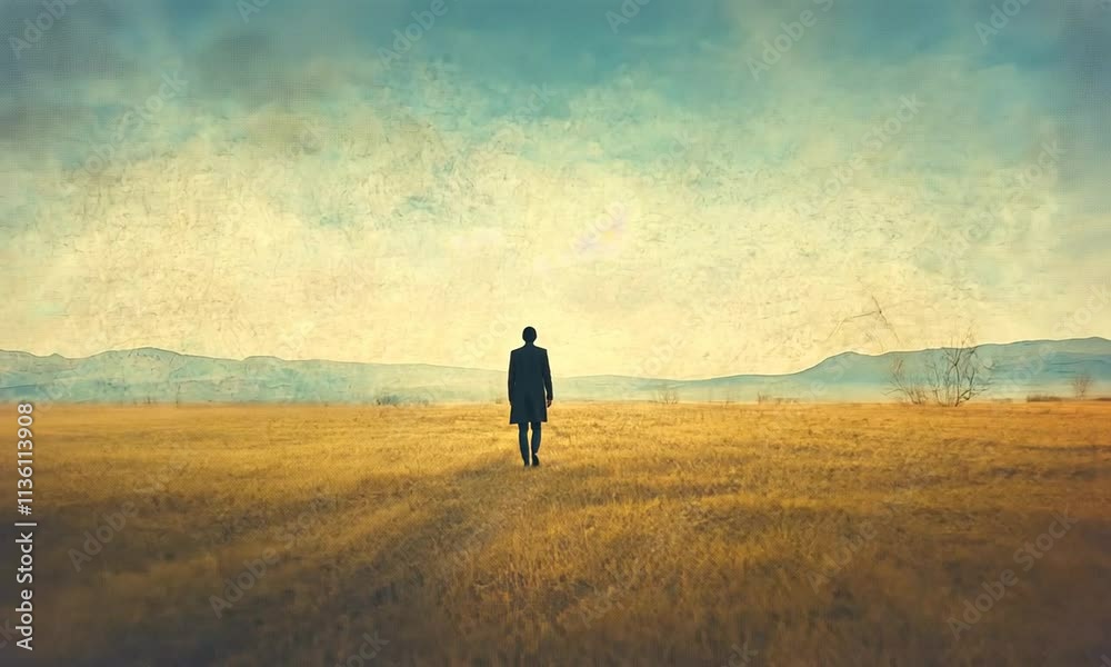 Solitude's Embrace: A Man Walks Towards an Unseen Horizon Solitude's Embrace: A Man Walks Towards an Unseen Horizon