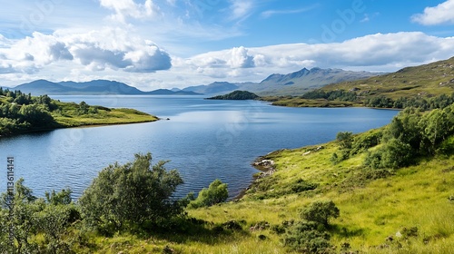 Tranquil Highland Landscape with Serene Loch and Rolling Green Hills in Scotland : Generative AI