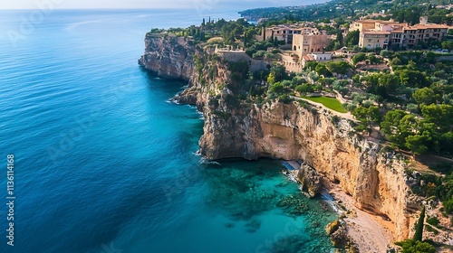 Breathtaking Mediterranean coastal landscape with turquoise waters and stunning cliffside architecture : Generative AI