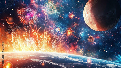 an imaginative New Year celebration with fireworks exploding in space, colorful bursts illuminating distant stars and planets, blending futuristic and festive elements photo