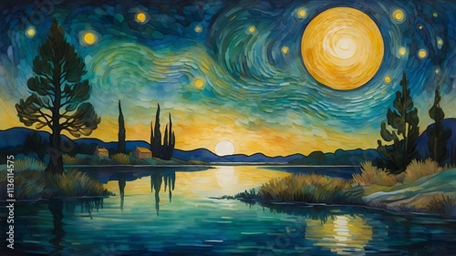 night landscape with moon cat painting art