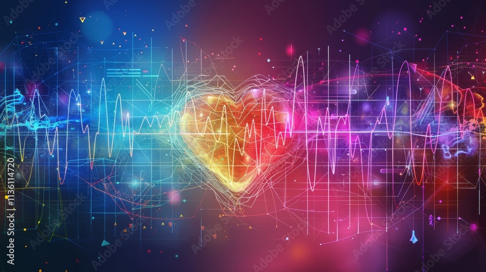 Vibrant heartbeat visualization with sound waves and digital equalizer showcasing health monitoring Vibrant heartbeat visualization with sound waves and digital equalizer showcasing health monitoring