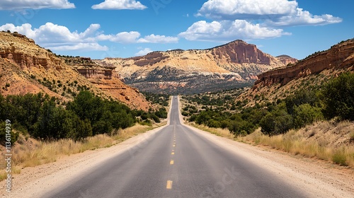 Scenic Desert Highway Under Blue Sky Leading to Rugged Mountains : Generative AI