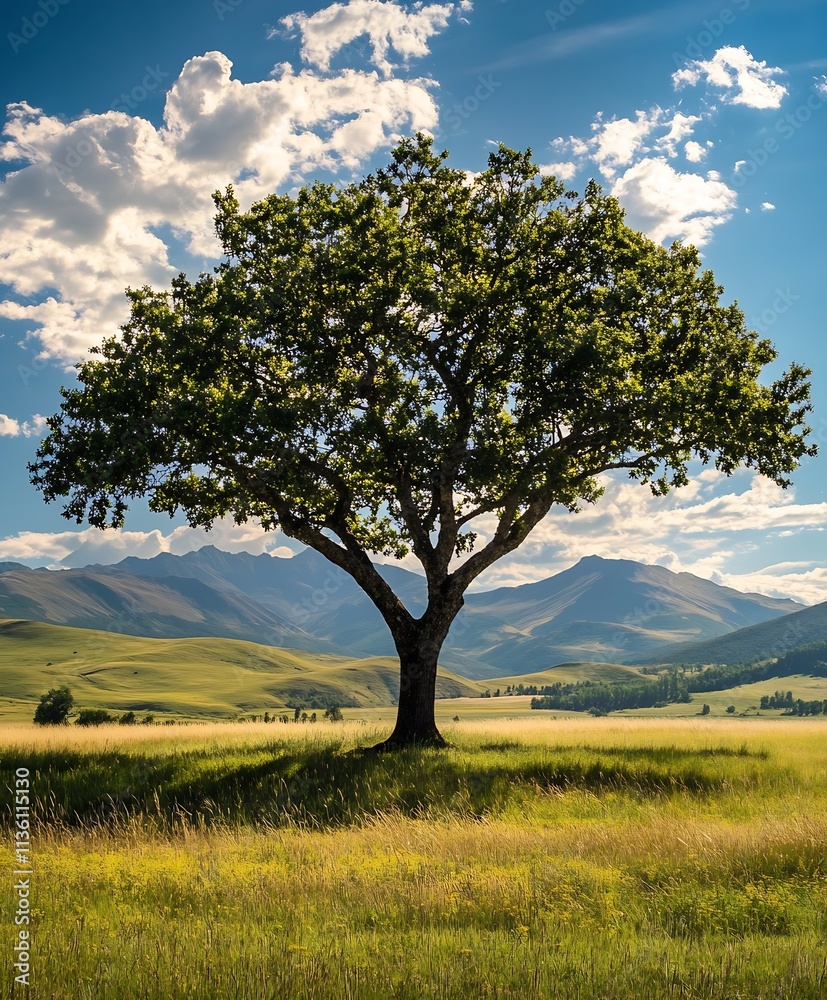 Solitary Tree in Lush Green Landscape Under Bright Blue Sky with Rolling Hills : Generative AI Solitary Tree in Lush Green Landscape Under Bright Blue Sky with Rolling Hills : Generative AI