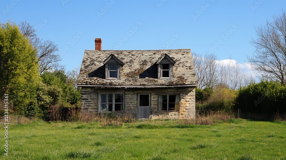 Rustic Stone House Surrounded by Greenery Under a Clear Blue Sky : Generative AI Rustic Stone House Surrounded by Greenery Under a Clear Blue Sky : Generative AI