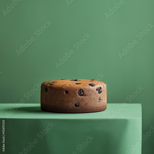  Minimalist photography of Christmas cake on a table in a minimalist setting, against a background of green paper, focusing on the cake's texture and colors, high resolution, hig photo