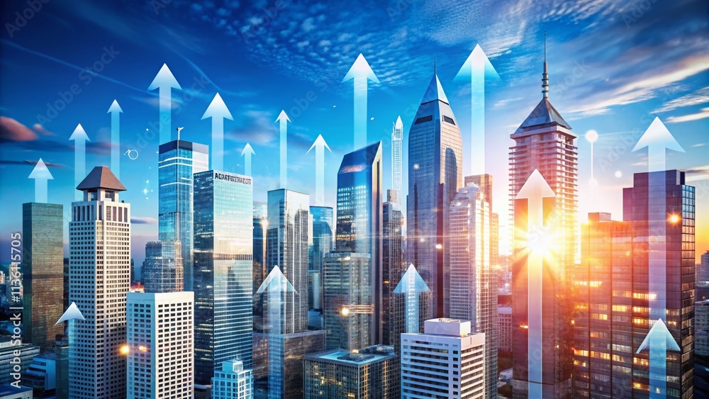 Obraz premium Dynamic City Skyline with Ascending Arrows Representing Growth and Progress in Urban Development, Showcasing Tall Buildings Against a Clear Blue Sky for Inspiring Visuals