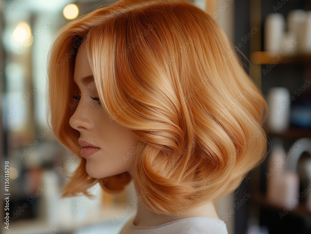 Photo of an attractive woman with short, wavy peach-colored hair, viewed from the back, in a salon setting with warm lighting. The focus is on her stylish bob hairstyle, while the Photo of an attractive woman with short, wavy peach-colored hair, viewed from the back, in a salon setting with warm lighting. The focus is on her stylish bob hairstyle, while the