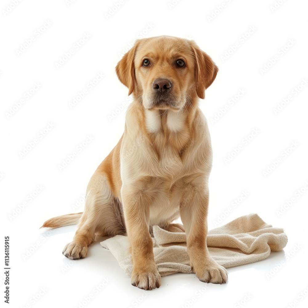 Clean golden labrador retriever is sitting on a towel after bath time Clean golden labrador retriever is sitting on a towel after bath time