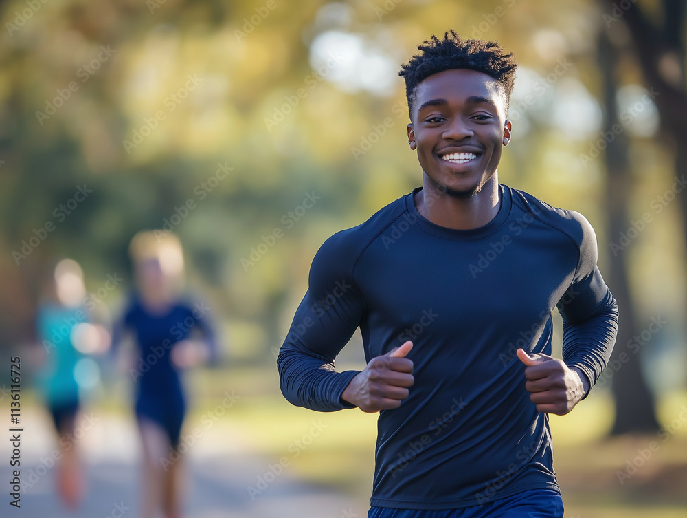 A photograph of an African American man in athletic wear, smiling and running at the park with friends during morning fitness activities. The scene captures his energetic mood as h A photograph of an African American man in athletic wear, smiling and running at the park with friends during morning fitness activities. The scene captures his energetic mood as h