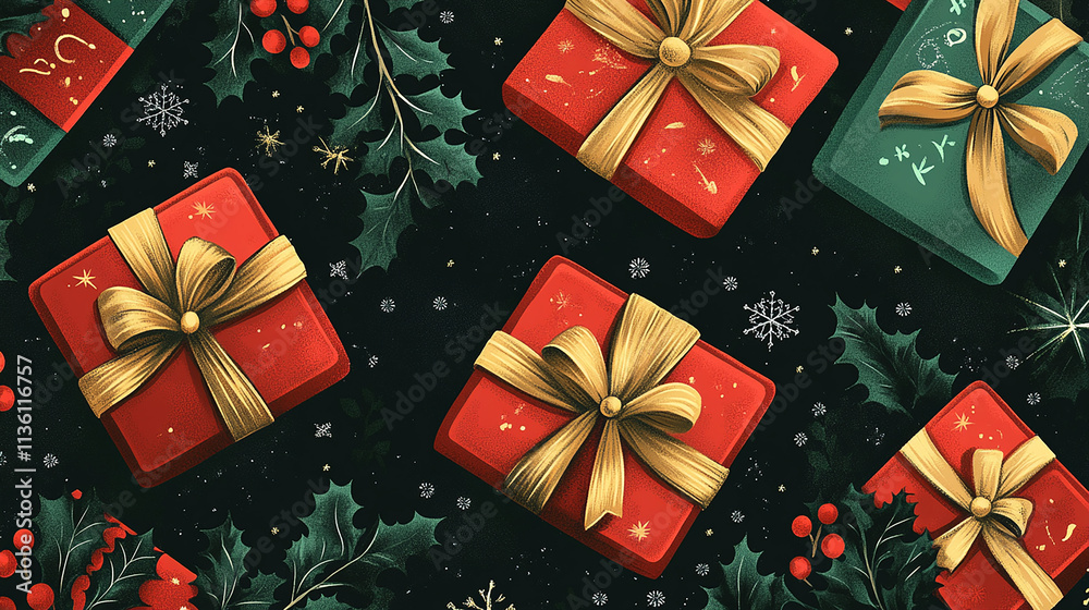 A cheerful holiday pattern with wrapped gift boxes in red and green, tied with golden ribbons, surrounded by holly sprigs and snowflakes, on a dark festive background, warm and joyful