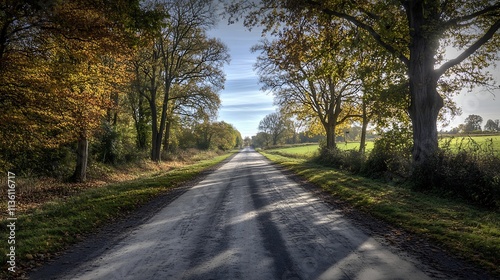 Bright Sunny Autumn Road Through Countryside Lined with Colorful Trees and Open Fields : Generative AI