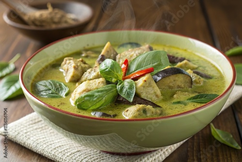 Hot thai green curry in bowl with fresh herb spice photo