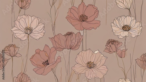 A minimalist line art wall mural featuring large, white flowers with long stems and delicate petals. The background is a soft, neutral color with abstract shapes