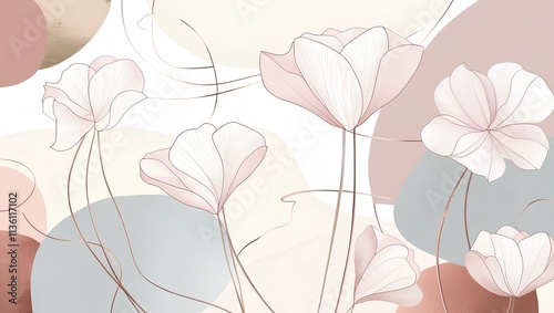A minimalist line art wall mural featuring large, white flowers with long stems and delicate petals. The background is a soft, neutral color with abstract shapes
