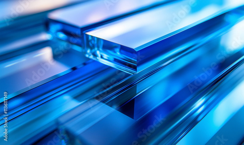 Blue glass rectangular blocks in motion, glass material, background with blurred office space,