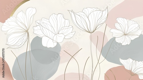 A minimalist line art wall mural featuring large, white flowers with long stems and delicate petals. The background is a soft, neutral color with abstract shapes