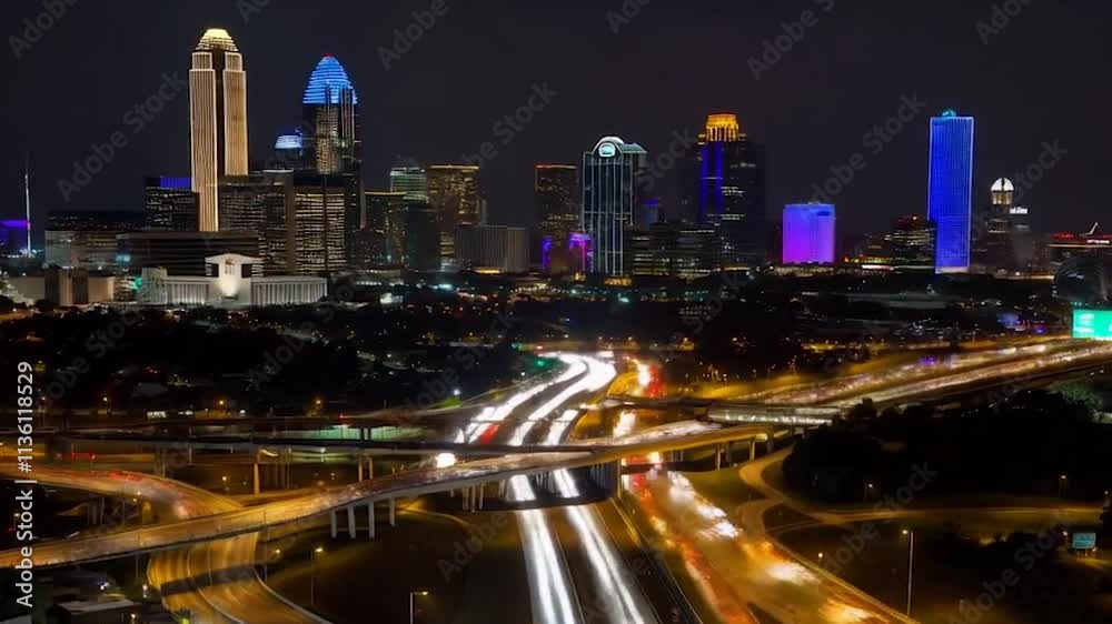 Dallas Skyline at Night Time-lapse. a time-lapse of the Dallas, Texas skyline at night with traffic light streaks on the highway and buildings in the background Dallas Skyline at Night Time-lapse. a time-lapse of the Dallas, Texas skyline at night with traffic light streaks on the highway and buildings in the background