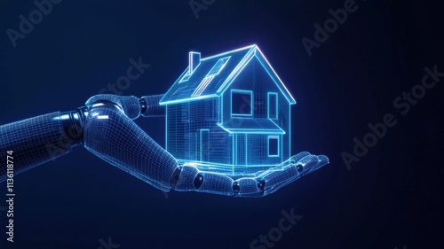 Digital hand holding a glowing holographic house model, representing AI home designer.