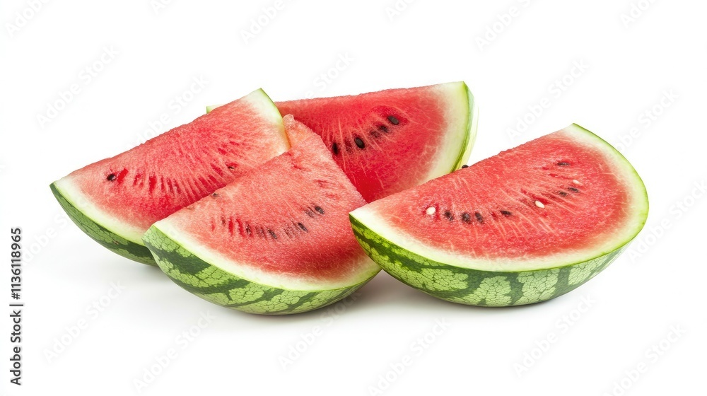 A plate of freshly cut watermelon slices isolated on white, with emphasis on their bright, natural colors