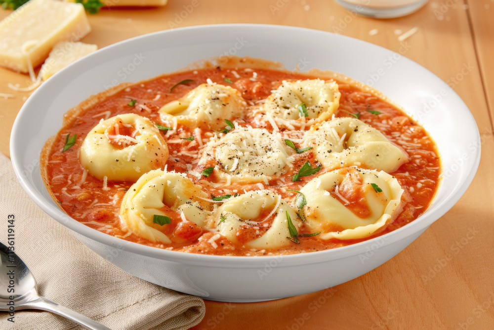 A vibrant bowl of cheese-stuffed tortellini served in rich tomato sauce, topped with freshly grated Parmesan and garnished with chopped basil and black pepper.
A vibrant bowl of cheese-stuffed tortellini served in rich tomato sauce, topped with freshly grated Parmesan and garnished with chopped basil and black pepper.