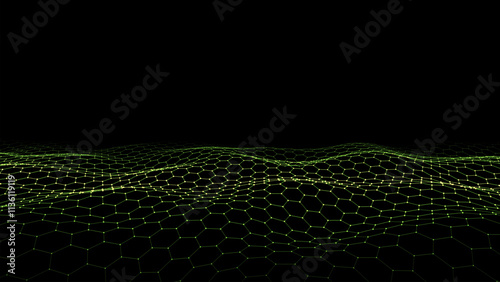Futuristic vector hexagon wave. Dark cyberspace. Abstract wave with dots and line. Green moving particles on a black background.