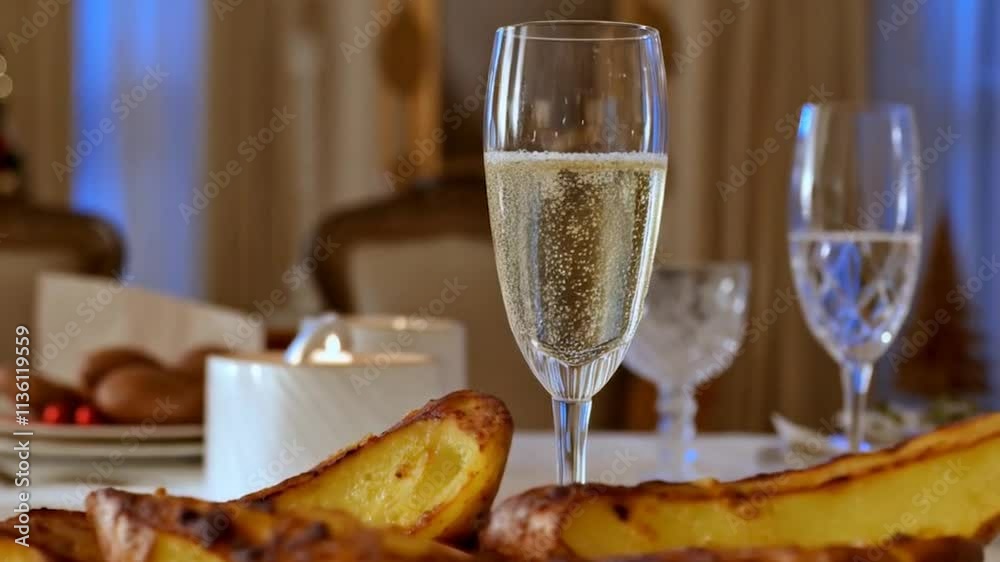 Background shot of baked potato wedges as side dish and champagne glass with sparkling drink served on festive dining table on Christmas Eve, copy space Background shot of baked potato wedges as side dish and champagne glass with sparkling drink served on festive dining table on Christmas Eve, copy space