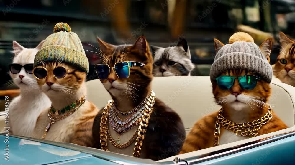 group of rich, important, fluffy cats in knitted hat and sunglasses in chains and jewelry, driving in an open car, in a convertible driving, driving along the city street