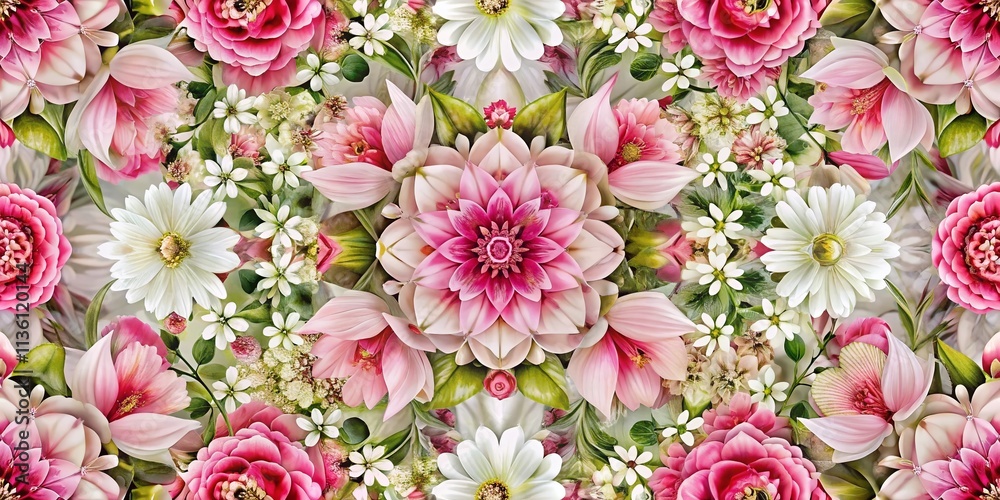 Fototapeta premium Elegant Floral Design Featuring Pink and White Flowers in a Geometric Pattern for Stylish Home Decor and Fashion Applications