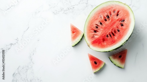 A sliced watermelon half with wedges fanned out around it, isolated on a clean white surface photo