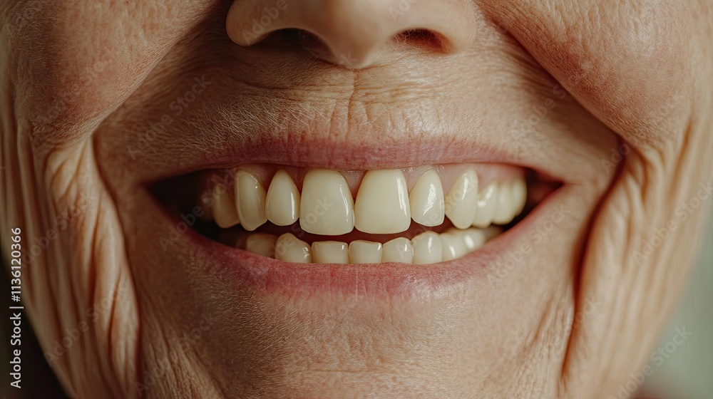 Obraz premium A smiling elderly person with perfectly fitted dentures, representing oral health for seniors