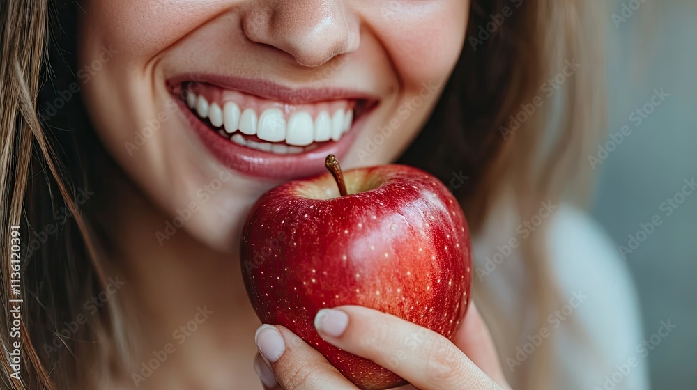 A smiling person eating an apple, symbolizing the importance of a healthy diet for oral health A smiling person eating an apple, symbolizing the importance of a healthy diet for oral health