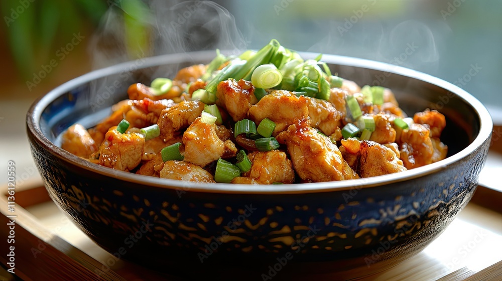 A steaming bowl of spicy chicken topped with fresh scallions, placed on a traditional wooden tray A steaming bowl of spicy chicken topped with fresh scallions, placed on a traditional wooden tray