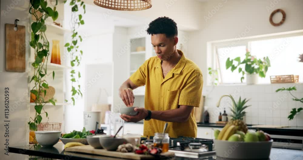 Man, fruit and smoothie with ingredients in kitchen for healthy diet, meal prep or nutrition at home. Male person, nutritionist or preparation with bowl for drink, breakfast beverage or detox snack
